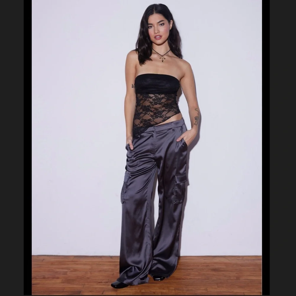Wide Leg Satin Cargo Pants in Charcoal Gray - Picture 1 of 8